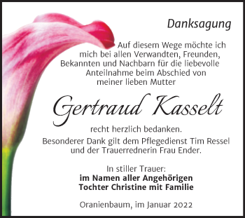 Traueranzeige von Gertraud Kasselt von Trauerkombi Wittenberg