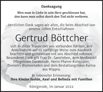 Traueranzeige von Gertrud Böttcher von Trauerkombi Quedlinburg