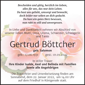 Traueranzeige von Gertrud Böttcher von Trauerkombi Quedlinburg