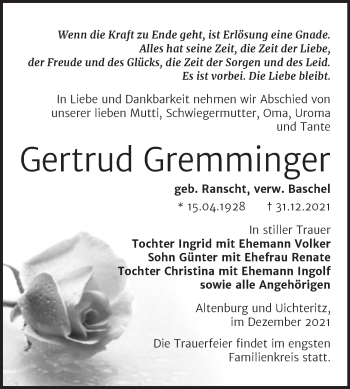 Traueranzeige von Gertrud Gremminger von Trauerkombi Weißenfels