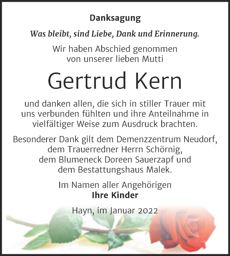  Traueranzeige für Gertrud Kern vom 22.01.2022 aus Trauerkombi Sangerhausen
