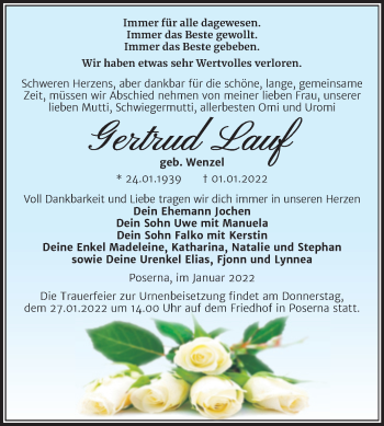 Traueranzeige von Gertrud Lauf von Trauerkombi Weißenfels