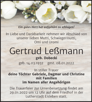 Traueranzeige von Gertrud Leßmann von Trauerkombi Mansfelder Land