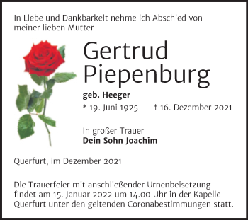 Traueranzeige von Gertrud Piepenburg von Trauerkombi Merseburg