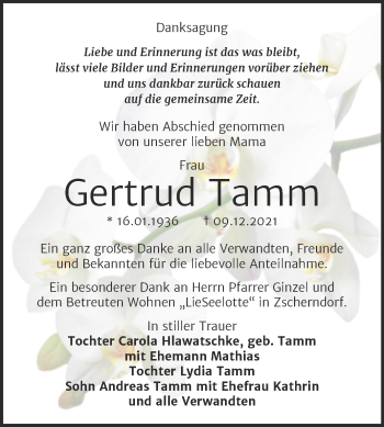 Traueranzeige von Gertrud Tamm von Trauerkombi Bitterfeld