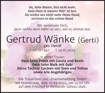 Traueranzeige von Gertrud Wänke von Trauerkombi Köthen