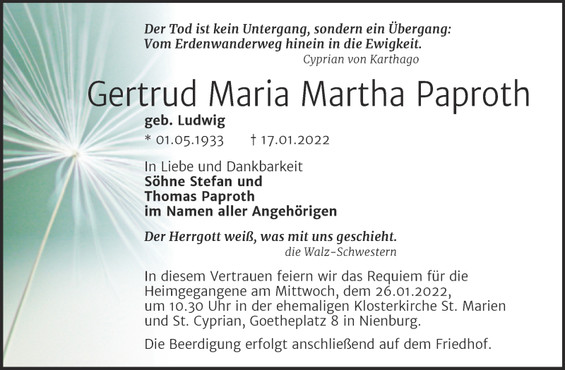 Traueranzeige für Gertrud Maria Martha Paproth vom 22.01.2022 aus Trauerkombi Bernburg