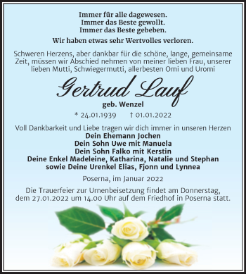 Traueranzeige von Gertruf Lauf von Trauerkombi Weißenfels