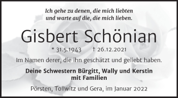 Traueranzeige von Gisbert Schönian von Trauerkombi Merseburg