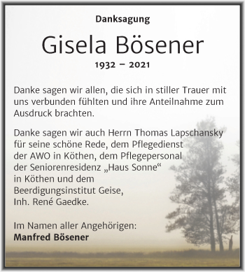 Traueranzeige von Gisela Bösener von Trauerkombi Köthen