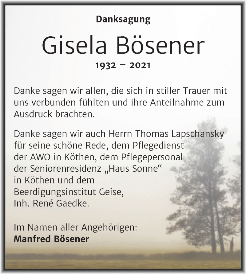  Traueranzeige für Gisela Bösener vom 15.01.2022 aus Trauerkombi Köthen