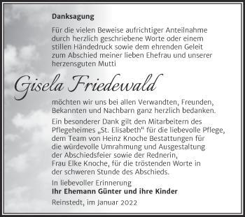 Traueranzeige von Gisela Friedewald von Trauerkombi Quedlinburg