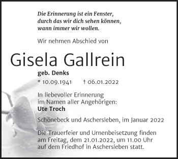 Traueranzeige von Gisela Gallrein von Trauerkombi Aschersleben