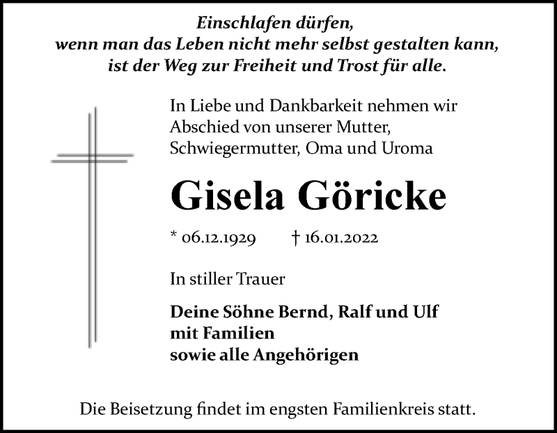  Traueranzeige für Gisela Göricke vom 29.01.2022 aus Trauerkombi Bitterfeld