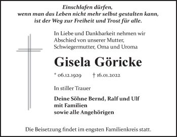Traueranzeige von Gisela Göricke von Trauerkombi Bitterfeld