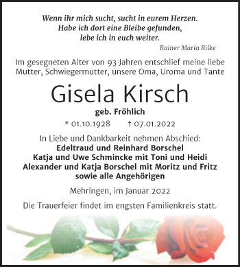 Traueranzeige von Gisela Kirsch von Trauerkombi Aschersleben