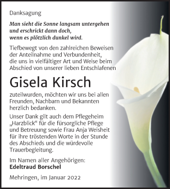 Traueranzeige von Gisela Kirsch von Trauerkombi Aschersleben