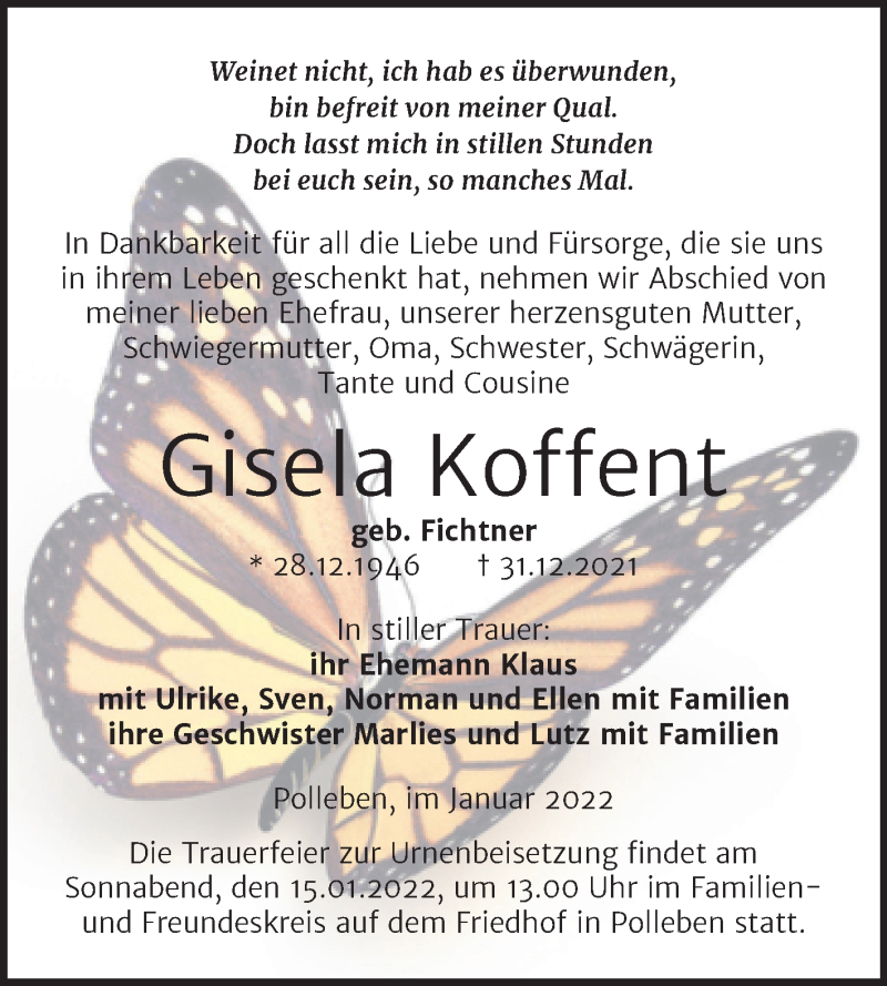  Traueranzeige für Gisela Koffent vom 08.01.2022 aus Trauerkombi Mansfelder Land