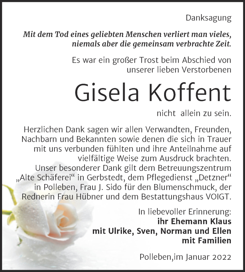  Traueranzeige für Gisela Koffent vom 22.01.2022 aus Trauerkombi Mansfelder Land