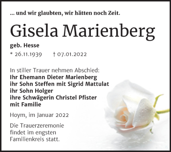 Traueranzeige von Gisela Marienberg von Trauerkombi Aschersleben