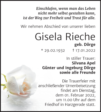 Traueranzeige von Gisela Rieche von Trauerkombi Quedlinburg