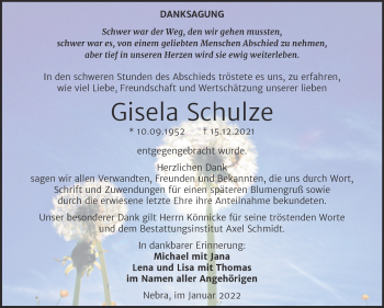 Traueranzeige von Gisela Schulze von Wochenspiegel Naumburg/Nebra