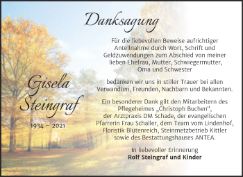 Traueranzeige von Gisela Steingraf von Mitteldeutsche Zeitung Weißenfels