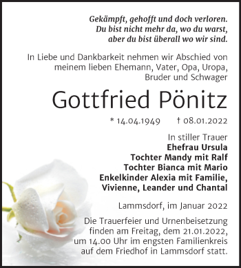 Traueranzeige von Gottfried Pönitz von Trauerkombi Wittenberg