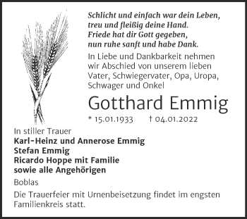 Traueranzeige von Gotthard Emmig von Wochenspiegel Naumburg/Nebra