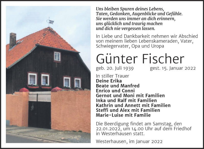  Traueranzeige für Günter Fischer vom 19.01.2022 aus Mitteldeutsche Zeitung Quedlingburg