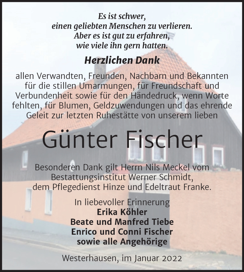  Traueranzeige für Günter Fischer vom 29.01.2022 aus Trauerkombi Quedlinburg