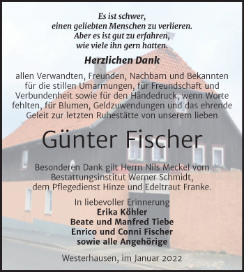 Traueranzeige von Günter Fischer von Trauerkombi Quedlinburg