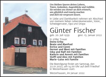 Traueranzeige von Günter Fischer von Mitteldeutsche Zeitung Quedlingburg