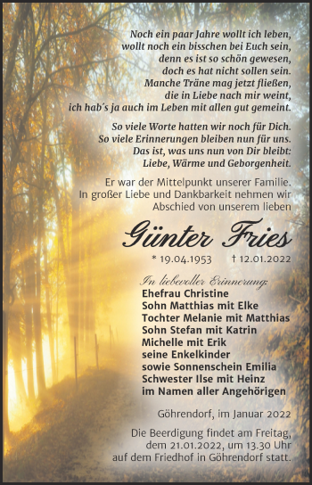 Traueranzeige von Günter Fries von Trauerkombi Merseburg
