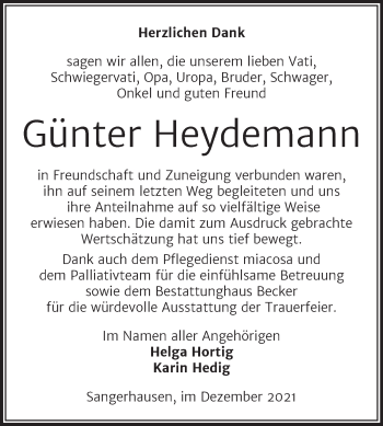 Traueranzeige von Günter Heydemann von Trauerkombi Sangerhausen