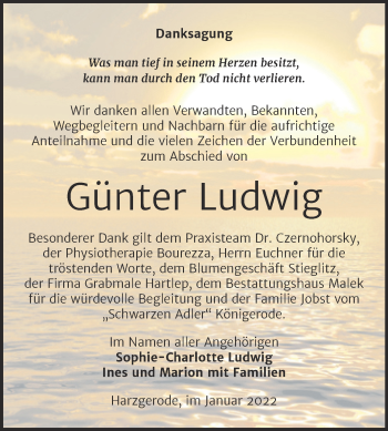 Traueranzeige von Günter Ludwig von Trauerkombi Mansfelder Land