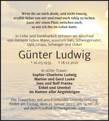 Traueranzeige von Günter Ludwig von Trauerkombi Mansfelder Land