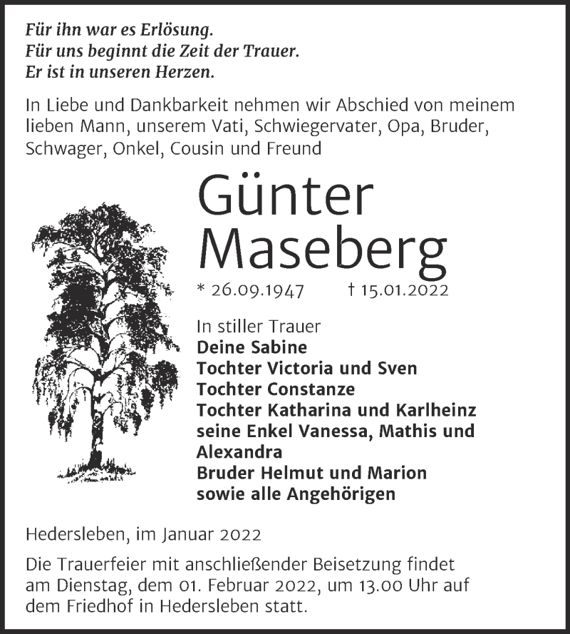  Traueranzeige für Günter Maseberg vom 22.01.2022 aus Trauerkombi Quedlinburg