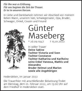Traueranzeige von Günter Maseberg von Trauerkombi Quedlinburg