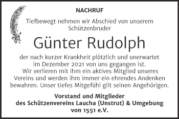 Traueranzeige von Günter Rudolph von Wochenspiegel Naumburg/Nebra