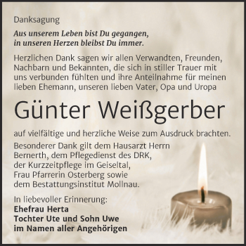 Traueranzeige von Günter Weißgerber von Trauerkombi Merseburg