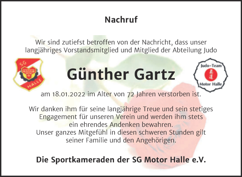  Traueranzeige für Günther Gartz vom 26.01.2022 aus Mitteldeutsche Zeitung Halle/Saalkreis