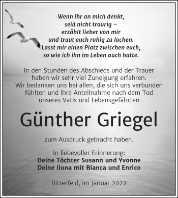 Traueranzeige von Günther Griegel von Trauerkombi Bitterfeld