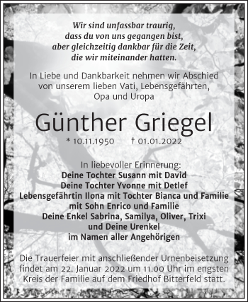 Traueranzeige von Günther Griegel von Trauerkombi Bitterfeld