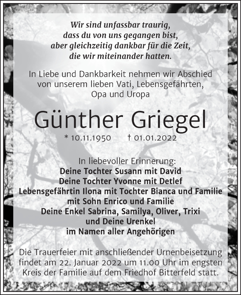  Traueranzeige für Günther Griegel vom 12.01.2022 aus Trauerkombi Bitterfeld