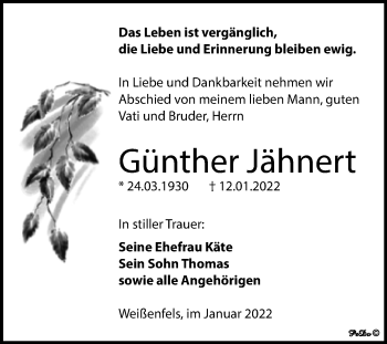 Traueranzeige von Günther Jähnert von Trauerkombi Weißenfels