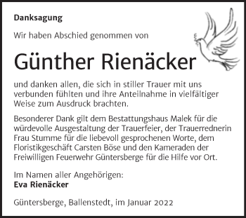 Traueranzeige von Günther Rienäcker von Trauerkombi Quedlinburg