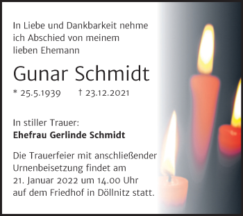 Traueranzeige von Gunar Schmidt von Mitteldeutsche Zeitung Halle/Saalkreis
