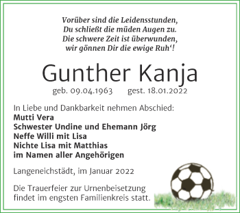 Traueranzeige von Gunther Kanja von Trauerkombi Merseburg