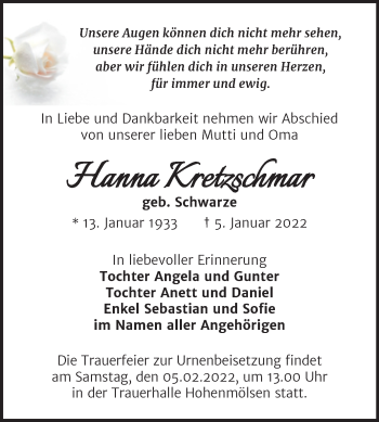Traueranzeige von Hanna Kretzschmar von Trauerkombi Weißenfels